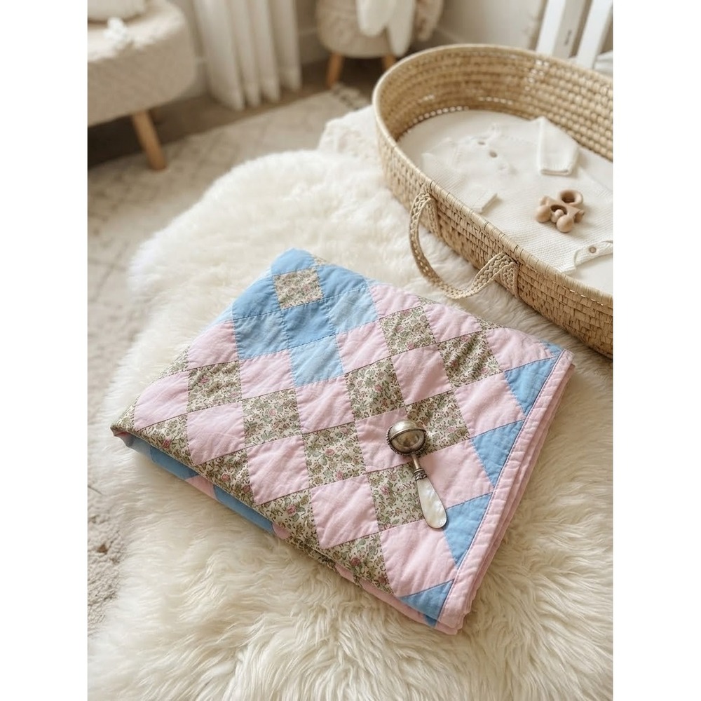Vintage Handmade Patchwork Baby Quilt Pink Blue Floral Diamond Nursery Blanket